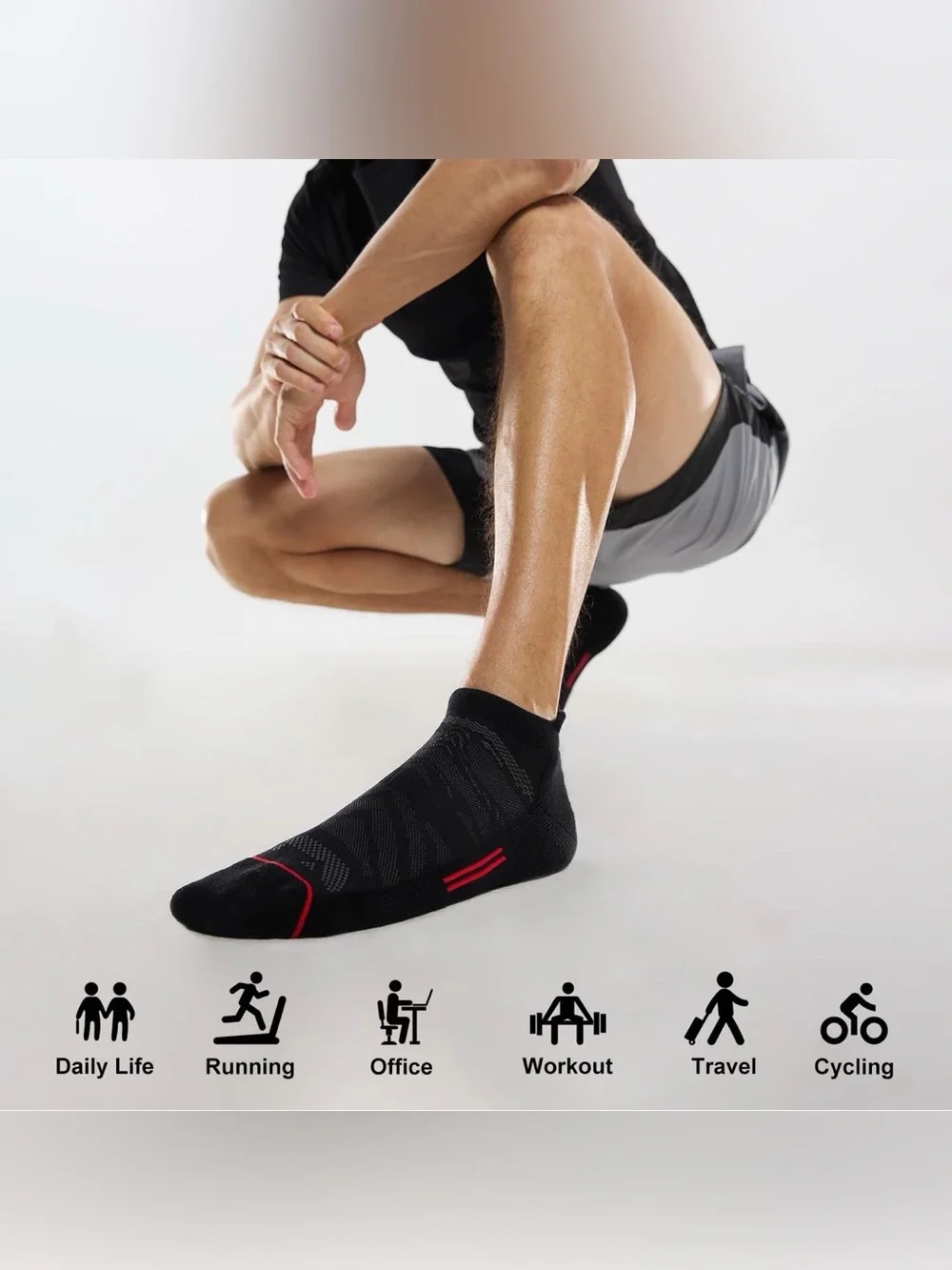 FITRELL 6 Pack Men's Ankle Running Socks Low Cut Cushioned 12-15, Black+grey+Red